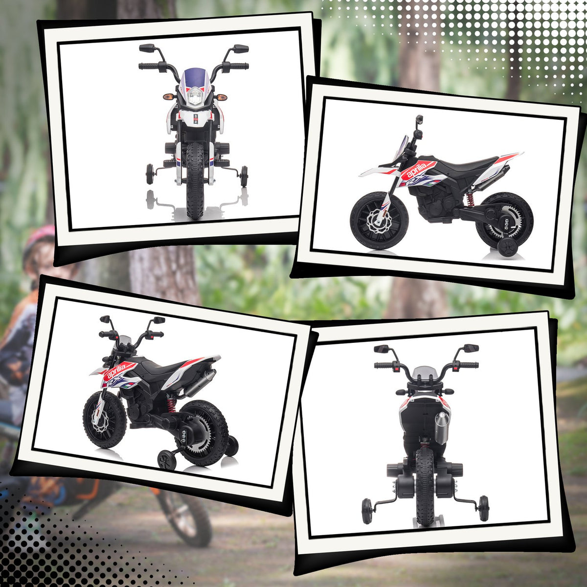 Children's electric motorcycle, 12V children's motorcycle with music, 6 km/h children's vehicle with removable training wheels, 12 inch plastic tires, for 3-8 years children, max. 30 kg, white