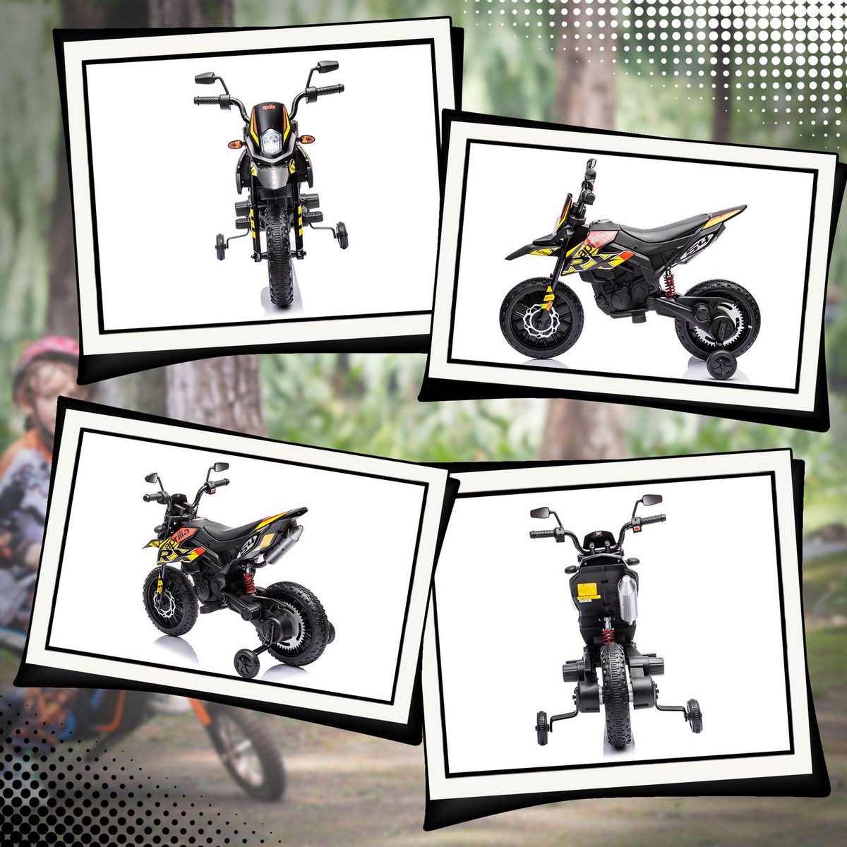 Children's electric motorcycle, 12V children's motorcycle with music, 6 km/h children's vehicle with removable training wheels, 12 inch plastic tires, for 3-8 years children, max. 30 kg, yellow