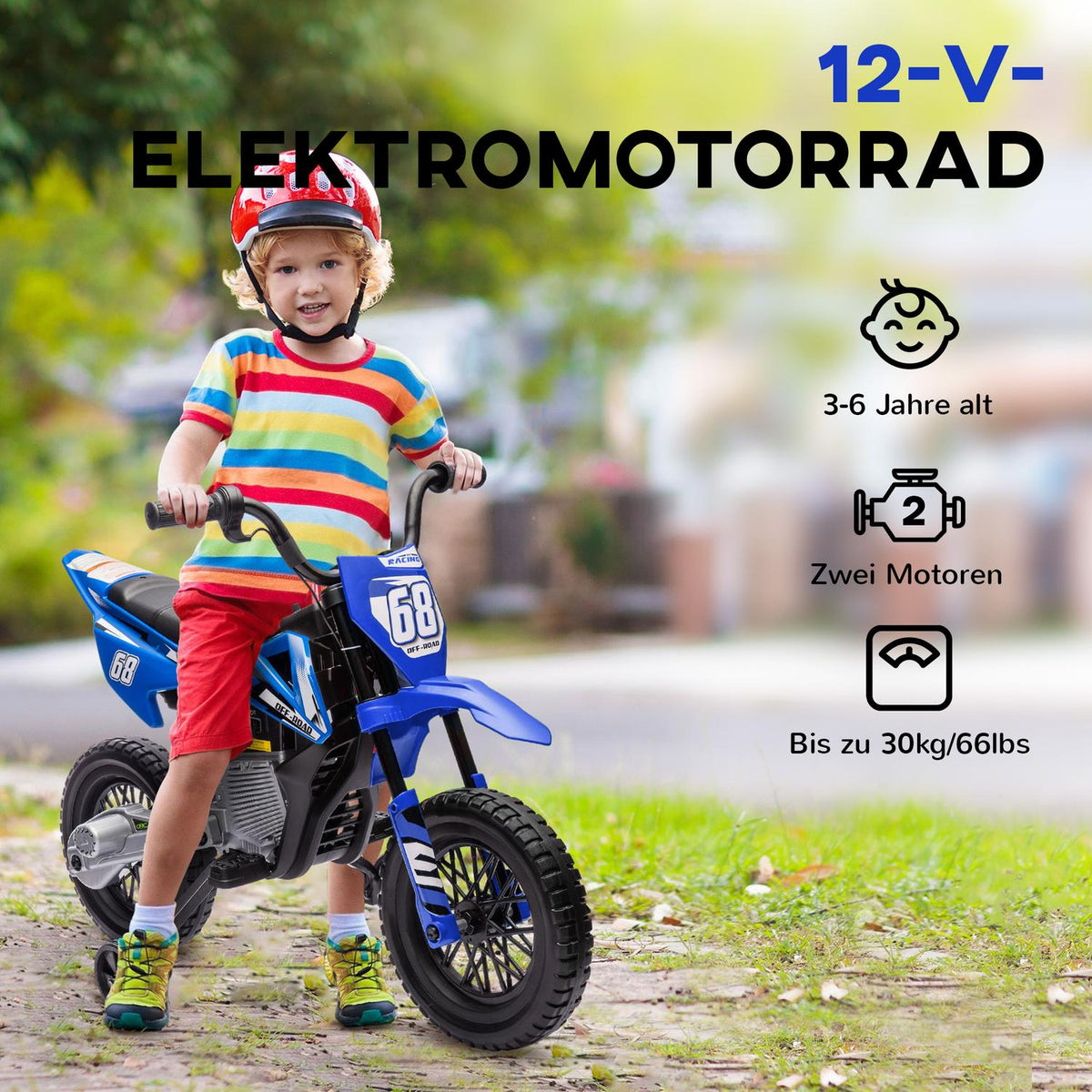 Children's electric motorcycle, 12V children's motorcycle with music, children's vehicle with removable training wheels, 2.4-5 km/h, for 3-6 years children, max. 30 kg, blue