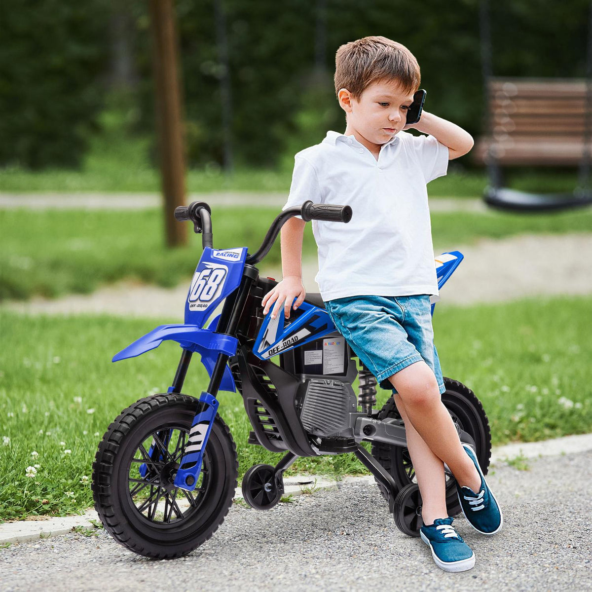Children's electric motorcycle, 12V children's motorcycle with music, children's vehicle with removable training wheels, 2.4-5 km/h, for 3-6 years children, max. 30 kg, blue