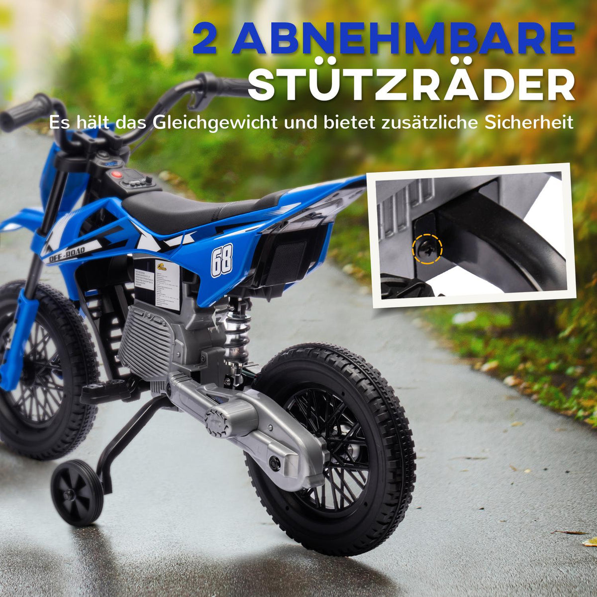 Children's electric motorcycle, 12V children's motorcycle with music, children's vehicle with removable training wheels, 2.4-5 km/h, for 3-6 years children, max. 30 kg, blue