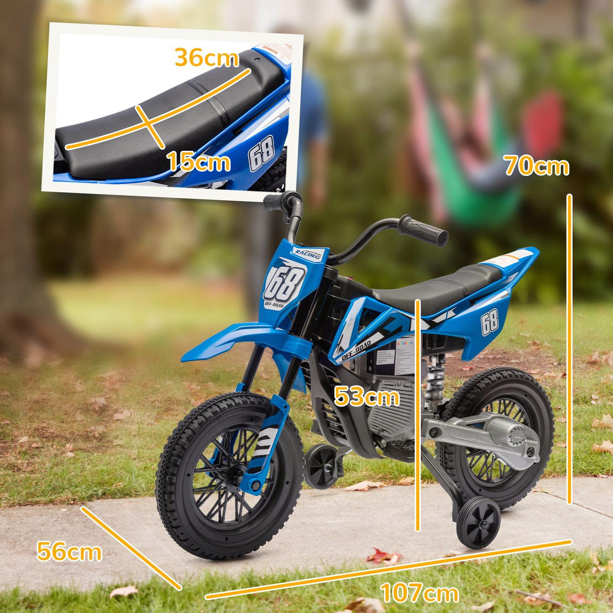 Children's electric motorcycle, 12V children's motorcycle with music, children's vehicle with removable training wheels, 2.4-5 km/h, for 3-6 years children, max. 30 kg, blue