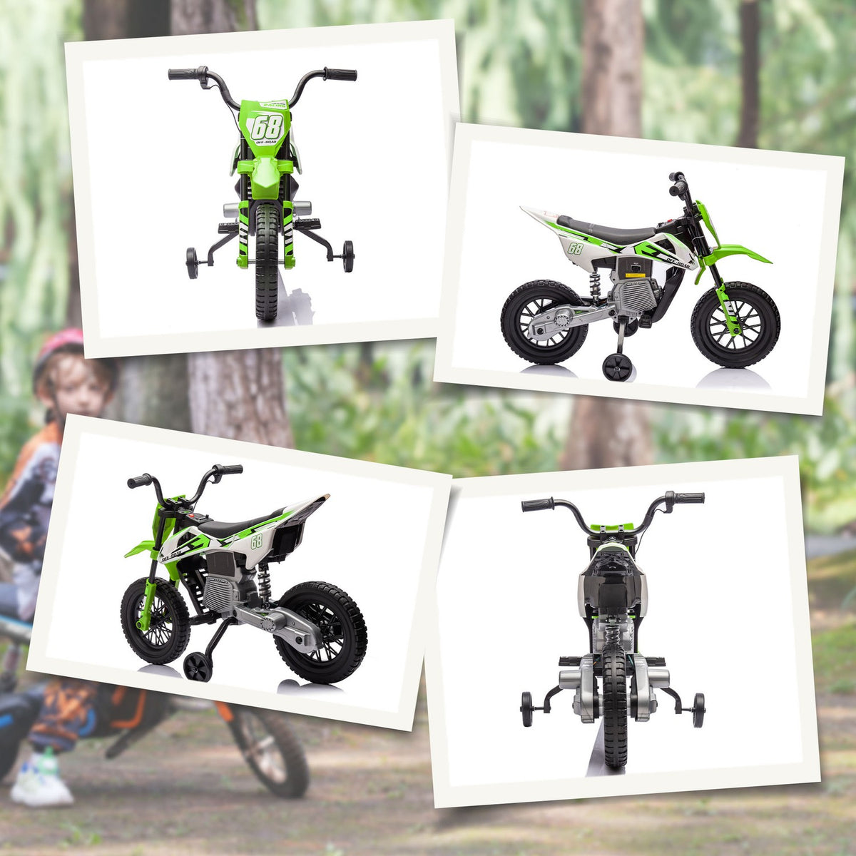 Children's electric motorcycle, 12V children's motorcycle with music, children's vehicle with removable training wheels, 2.4-5 km/h, for 3-6 years children, max. 30 kg, green