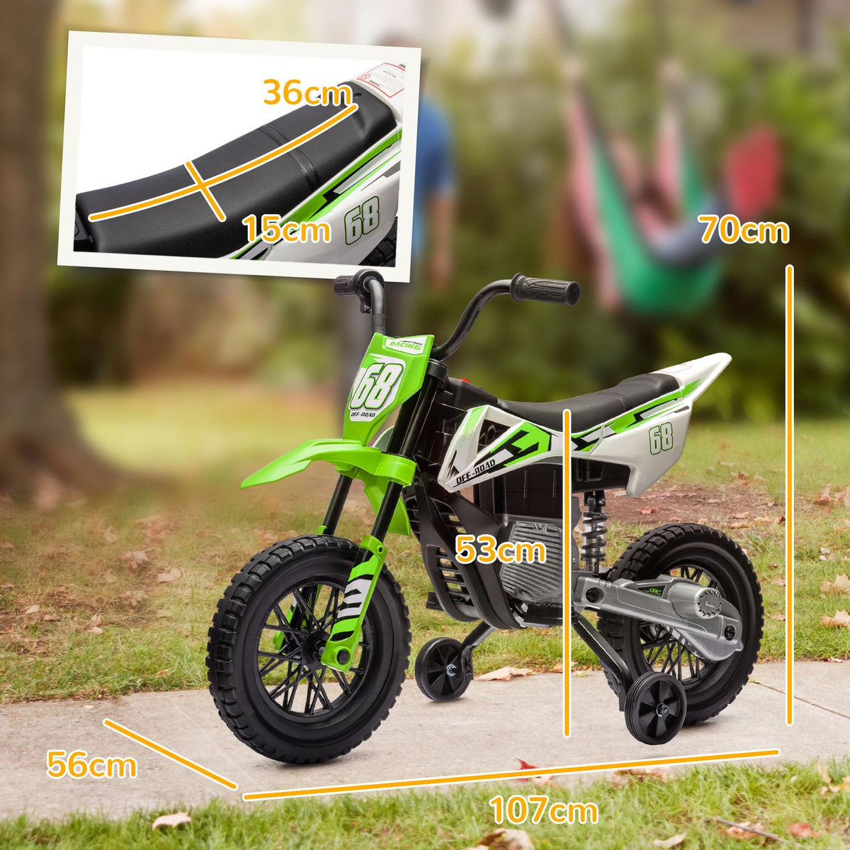 Children's electric motorcycle, 12V children's motorcycle with music, children's vehicle with removable training wheels, 2.4-5 km/h, for 3-6 years children, max. 30 kg, green