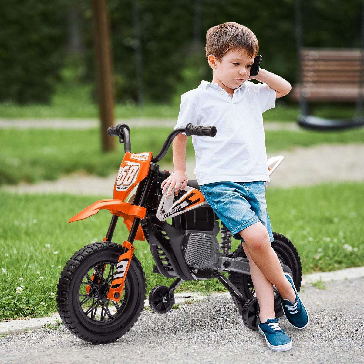 Children's electric motorcycle, 12V children's motorcycle with music, children's vehicle with removable training wheels, 2.4-5 km/h, for 3-6 years children, max. 30 kg, orange