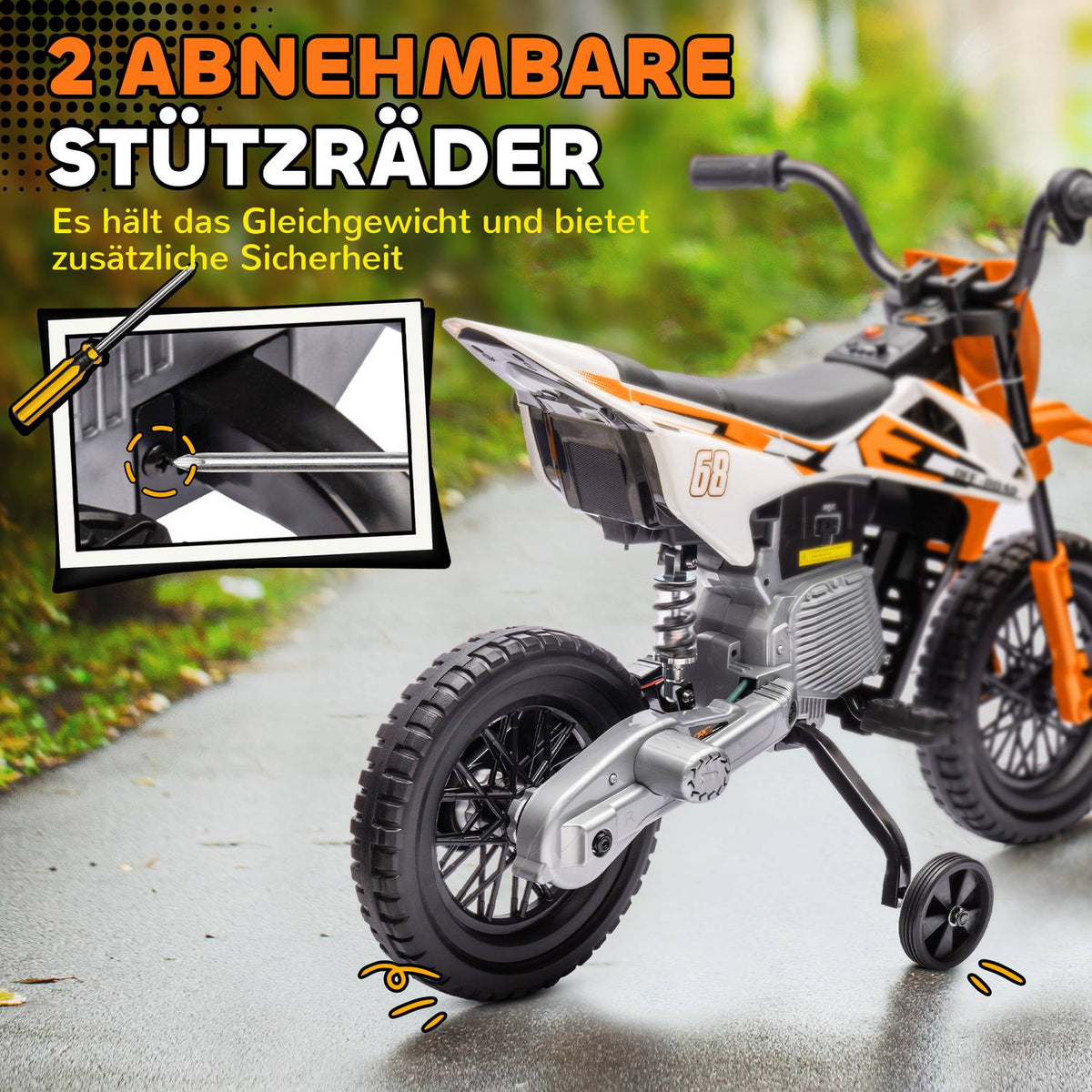 Children's electric motorcycle, 12V children's motorcycle with music, children's vehicle with removable training wheels, 2.4-5 km/h, for 3-6 years children, max. 30 kg, orange