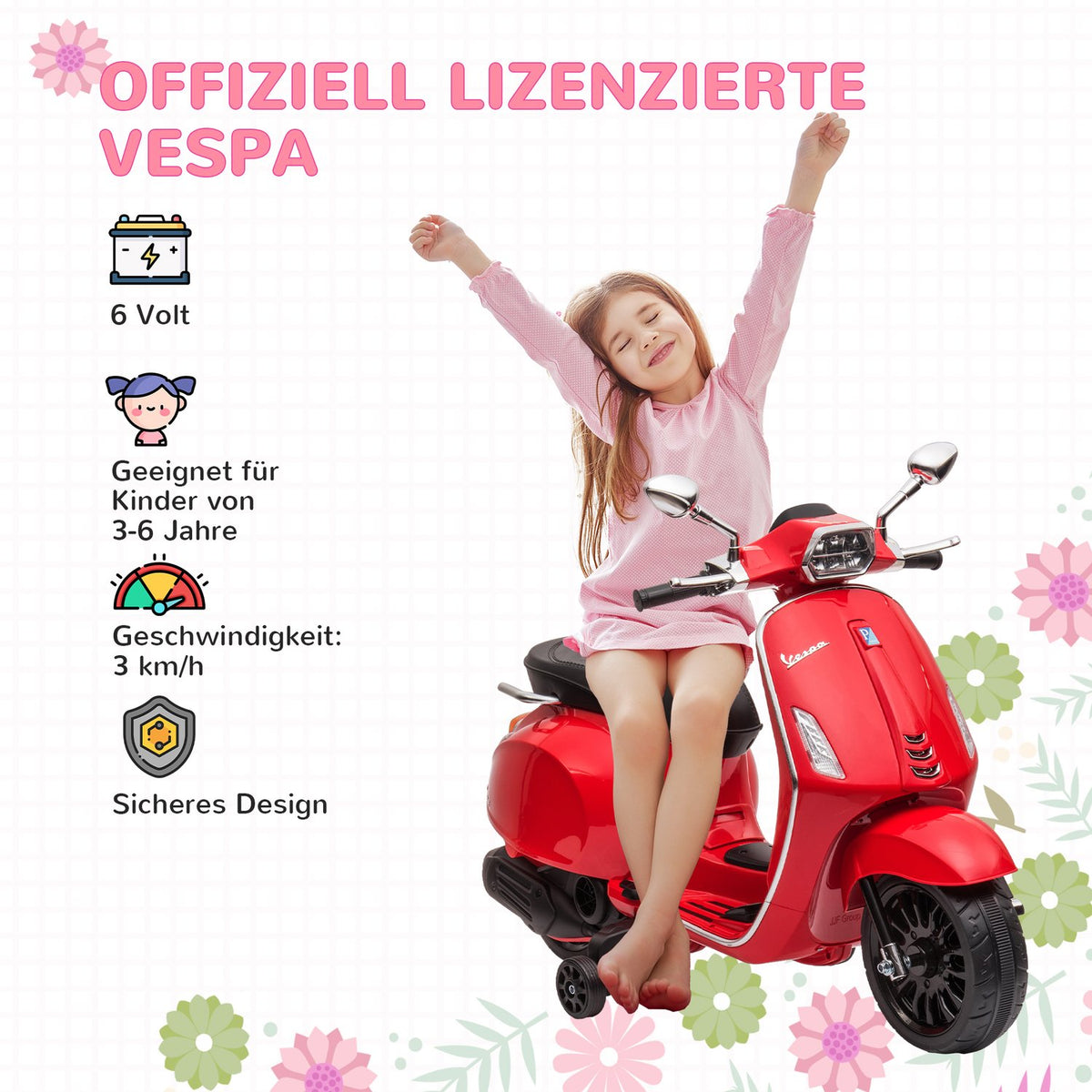 Children's electric motorcycle, 6V children's motorcycle with MP3, USB, FM radio, LED headlight, children's vehicle with training wheels, 3 km/h, for 3-6 years children, red
