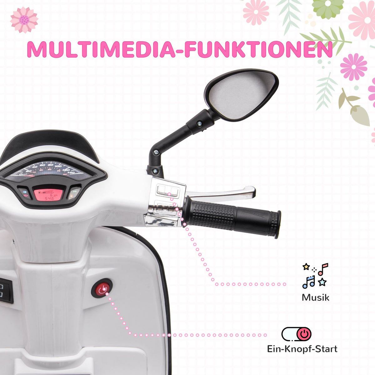 Children's electric motorcycle, 6V children's motorcycle with MP3, USB, FM radio, LED headlight, children's vehicle with training wheels, 3 km/h, for 3-6 years children, white
