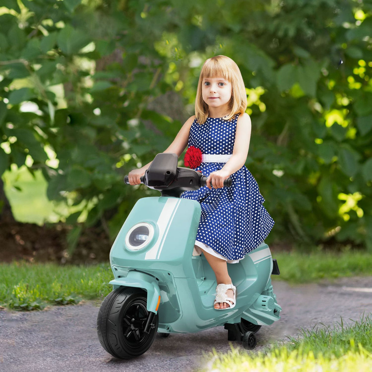 Children's electric motorcycle, 6V children's motorcycle with headlight, music, forward and reverse gear, training wheels, 1.5-3 km/h, electric motorcycle for 1.5-3 years children, green