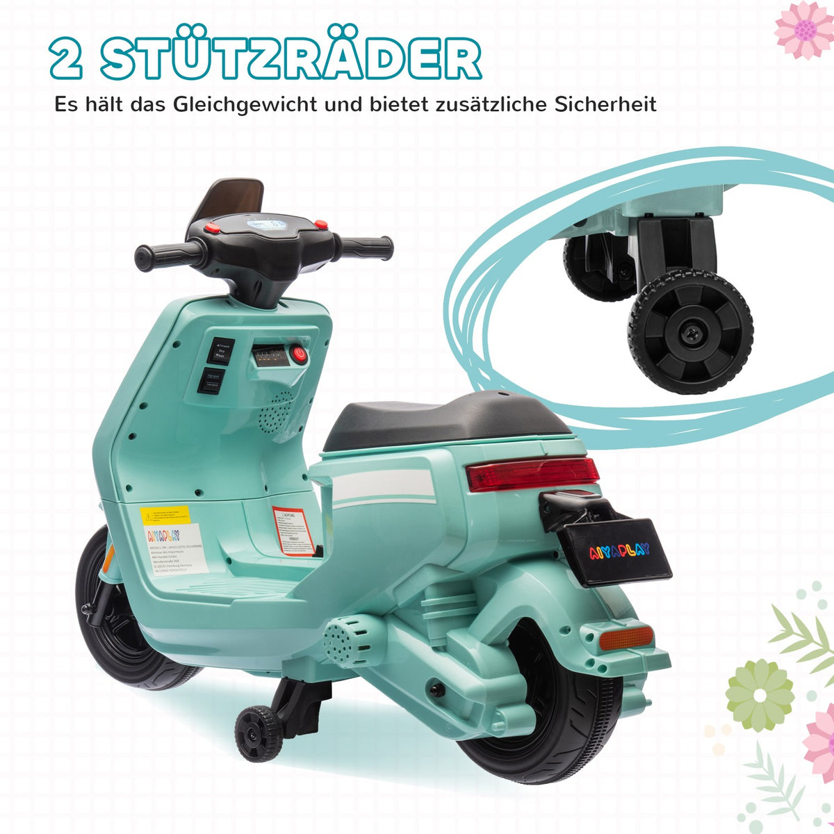 Children's electric motorcycle, 6V children's motorcycle with headlight, music, forward and reverse gear, training wheels, 1.5-3 km/h, electric motorcycle for 1.5-3 years children, green