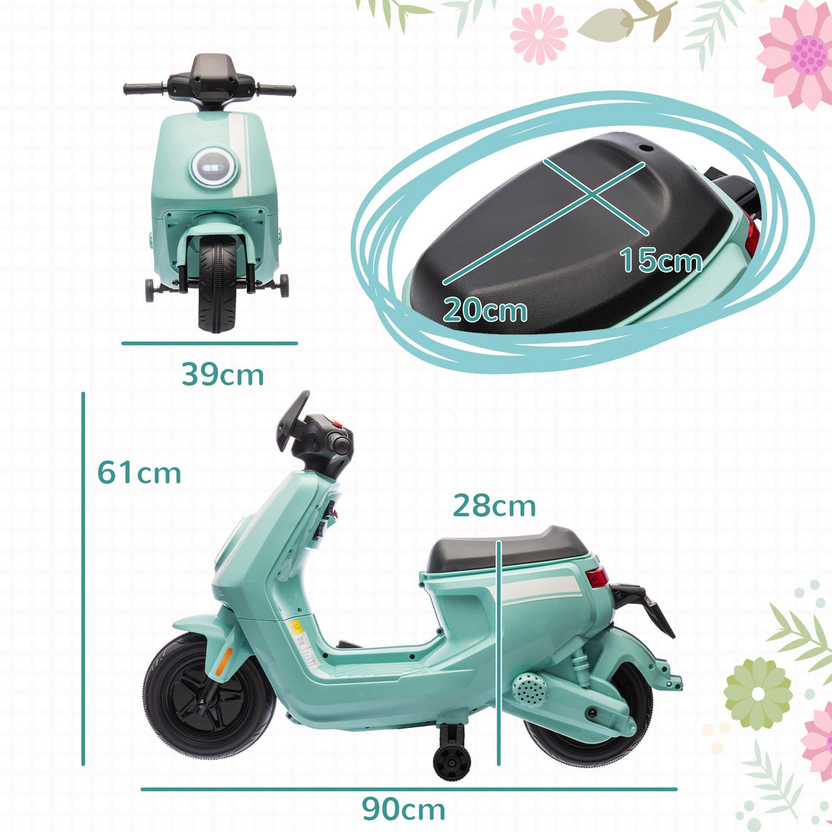 Children's electric motorcycle, 6V children's motorcycle with headlight, music, forward and reverse gear, training wheels, 1.5-3 km/h, electric motorcycle for 1.5-3 years children, green