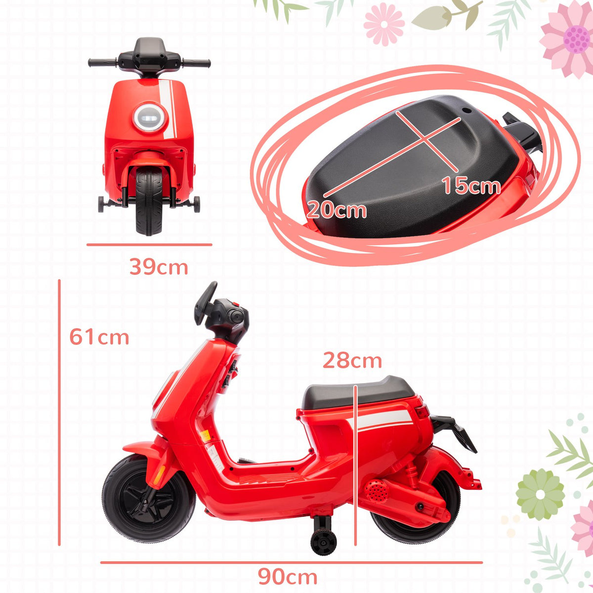 Children's electric motorcycle, 6V children's motorcycle with headlight, music, forward and reverse gear, training wheels, 1.5-3 km/h, electric motorcycle for 1.5-3 years children, red