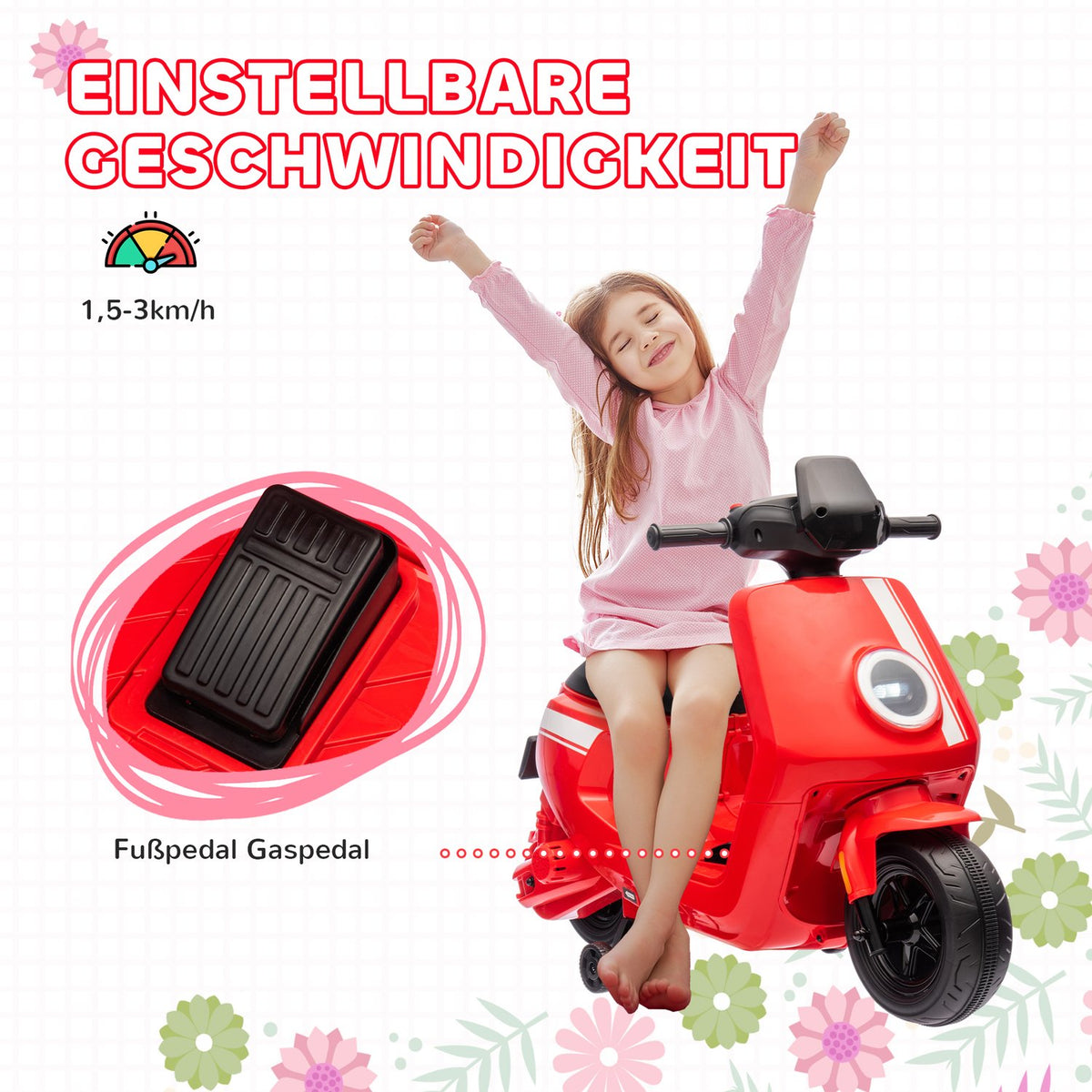 Children's electric motorcycle, 6V children's motorcycle with headlight, music, forward and reverse gear, training wheels, 1.5-3 km/h, electric motorcycle for 1.5-3 years children, red