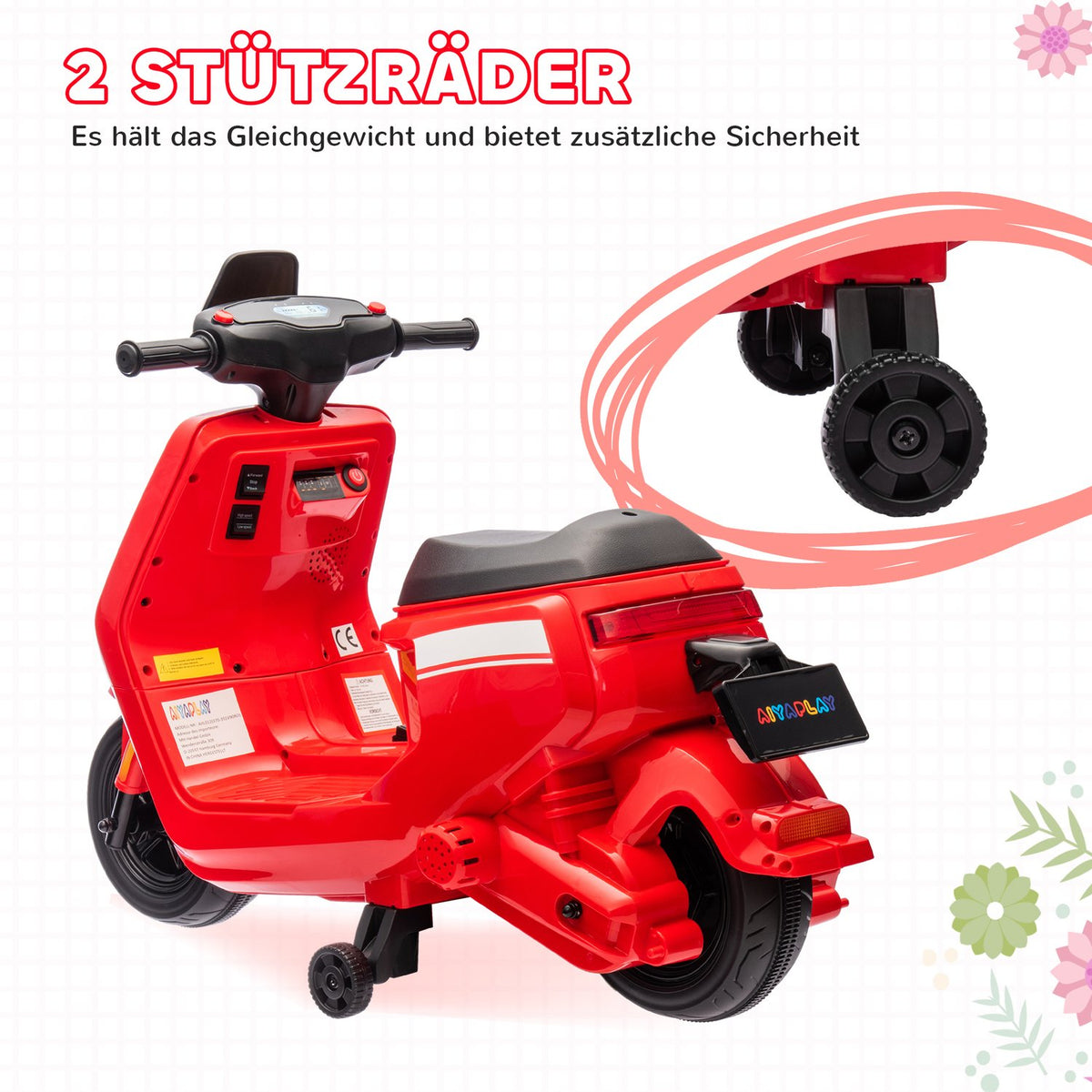 Children's electric motorcycle, 6V children's motorcycle with headlight, music, forward and reverse gear, training wheels, 1.5-3 km/h, electric motorcycle for 1.5-3 years children, red