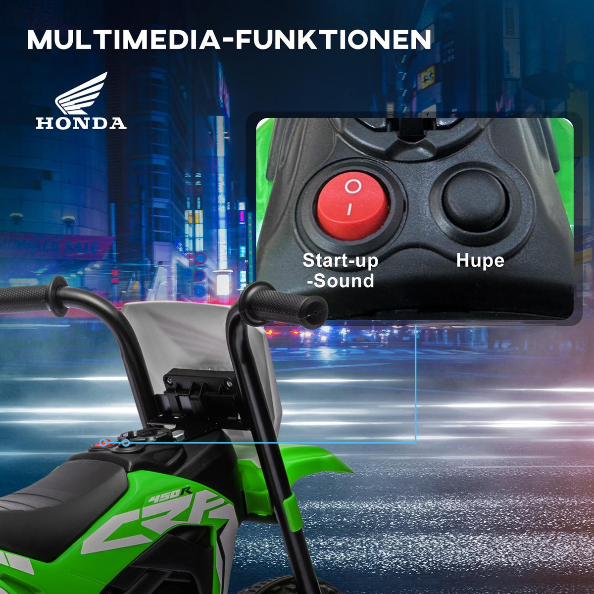 Children's electric motorcycle, 6V children's motorcycle with horn, startup music, children's vehicle, 3km/h, for 3-6 years, green