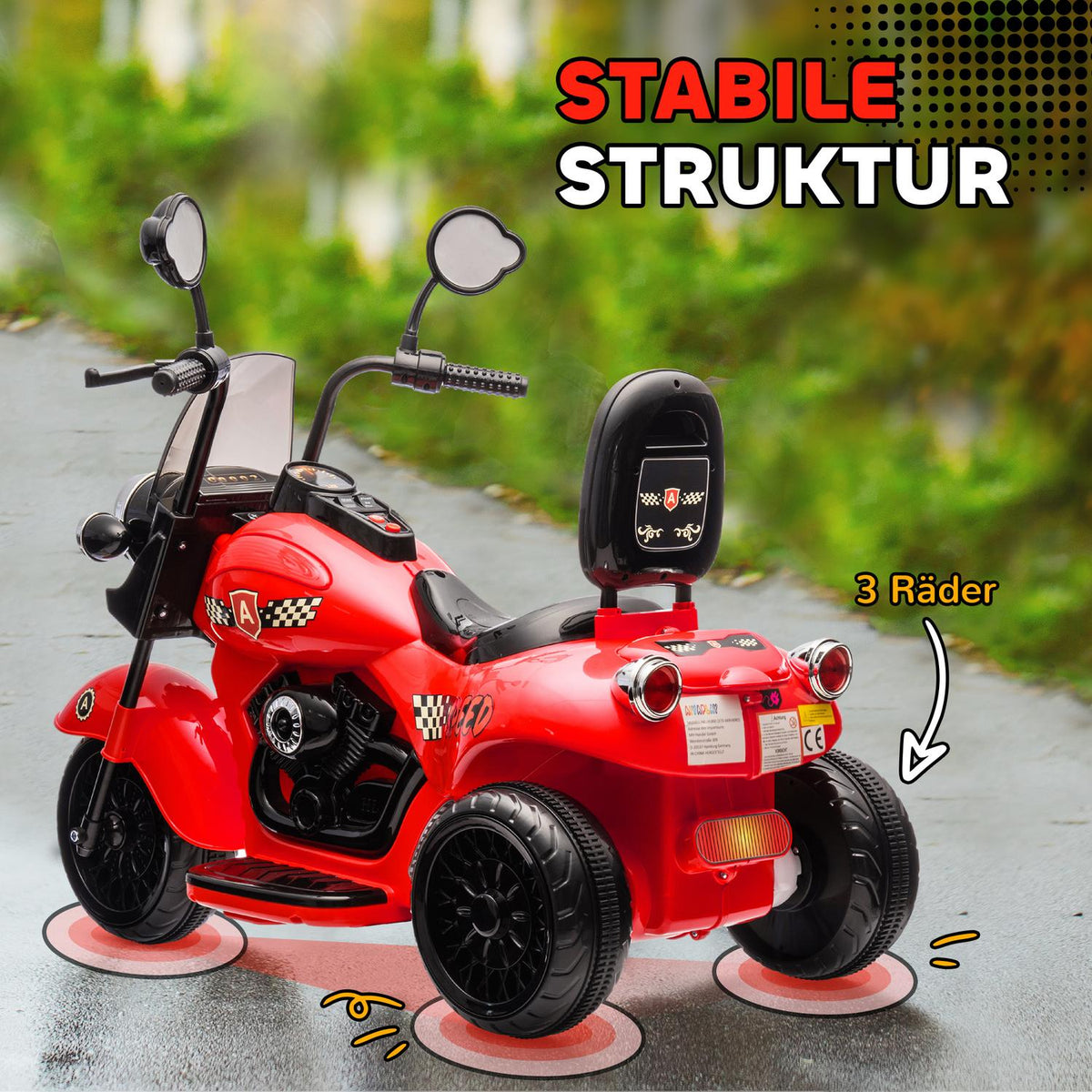 Children's electric motorcycle, 6V children's motorcycle with music, children's vehicle with LED headlight, 3-5 km/h, for 3-6 years children, max. 25 kg, red