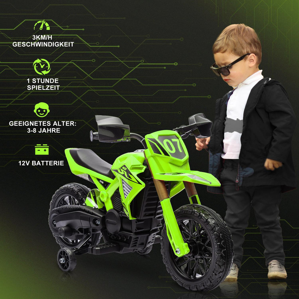Children's electric motorcycle, 6V children's motorcycle with training wheels, children's vehicle with horn and starting sound, 3 km/h, for 3-8 years children, max. 30 kg, green
