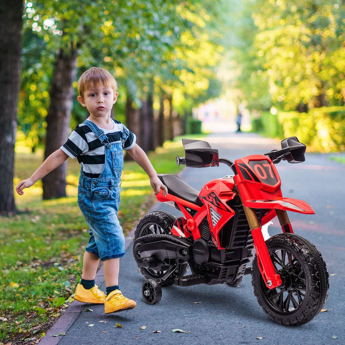 Children's electric motorcycle, 6V children's motorcycle with training wheels, children's vehicle with horn and starting sound, 3 km/h, for 3-8 years children, max. 30 kg, red