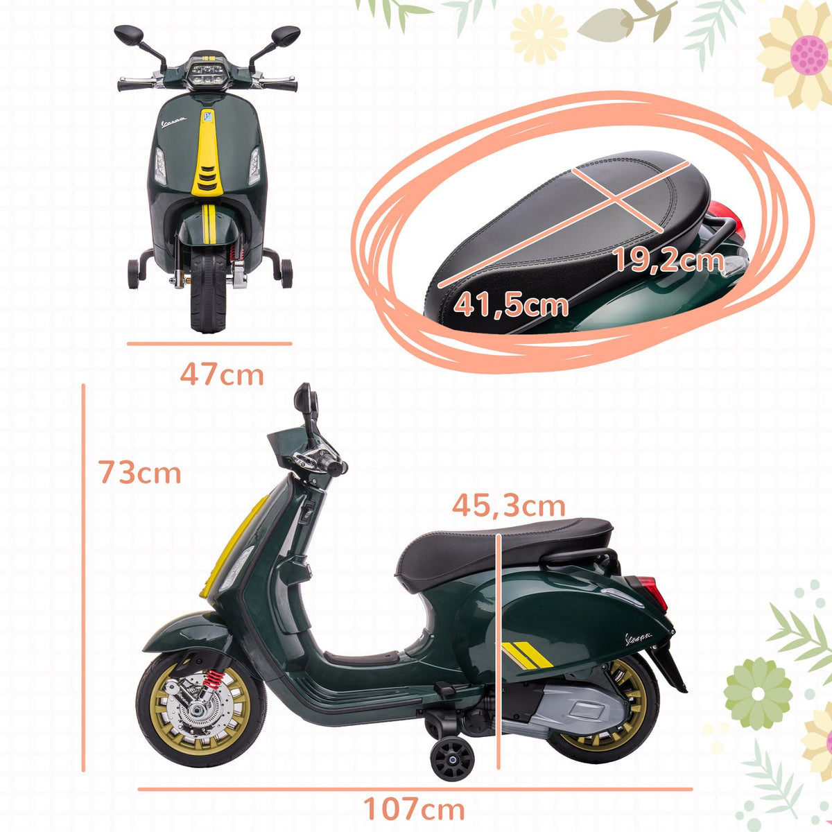 Children's electric motorcycle 6V with MP3 USB FM radio LED headlight training bikes 3 km/h for children 3-6 years dark green