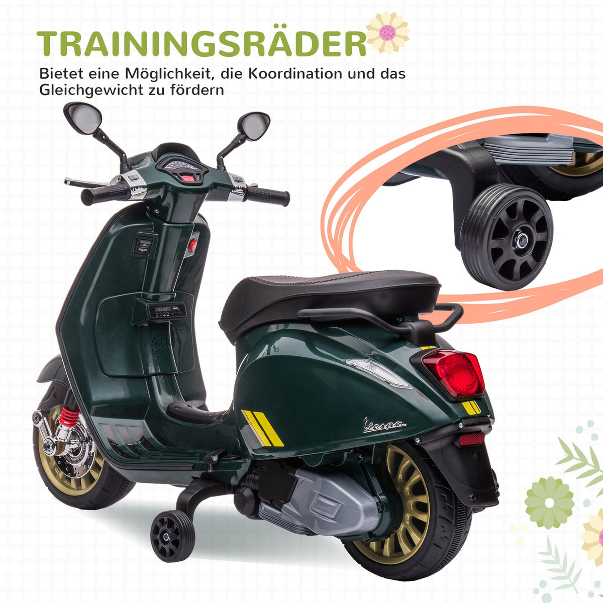 Children's electric motorcycle 6V with MP3 USB FM radio LED headlight training bikes 3 km/h for children 3-6 years dark green