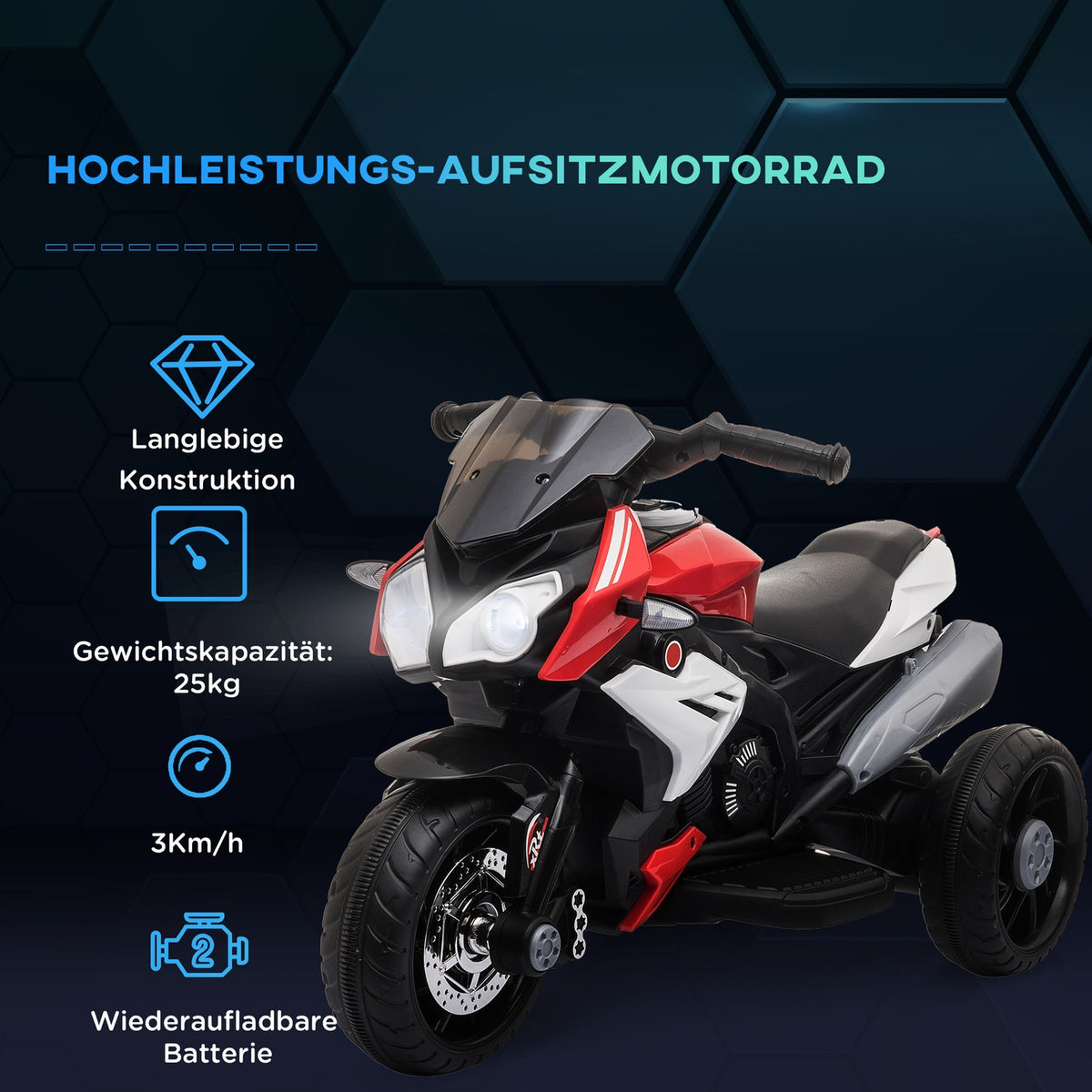 Children's electric motorcycle children's motorcycle 6V children's vehicle electric vehicle with music, headlights for children 3-5 years plastic metal black + red 3km/h