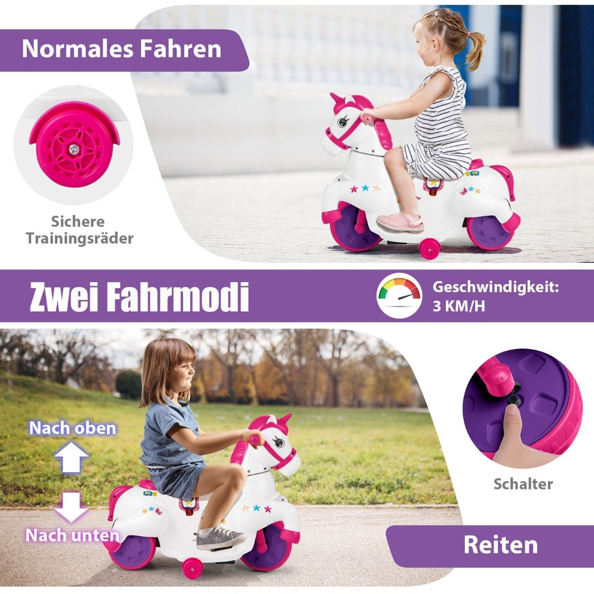 Children's electric motorcycle with music & LED & Electric motorcycle with training wheels for children aged 3 and over pink