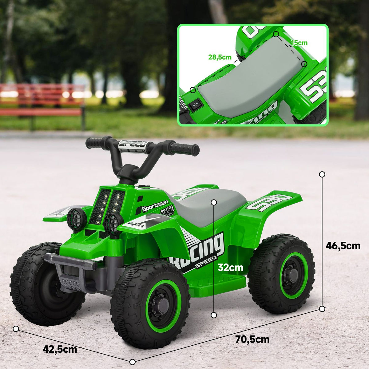 Children's electric quad electric children's quad with forward and reverse function, LED and horn electric car for 1.5-3 years children 3 km/h metal green