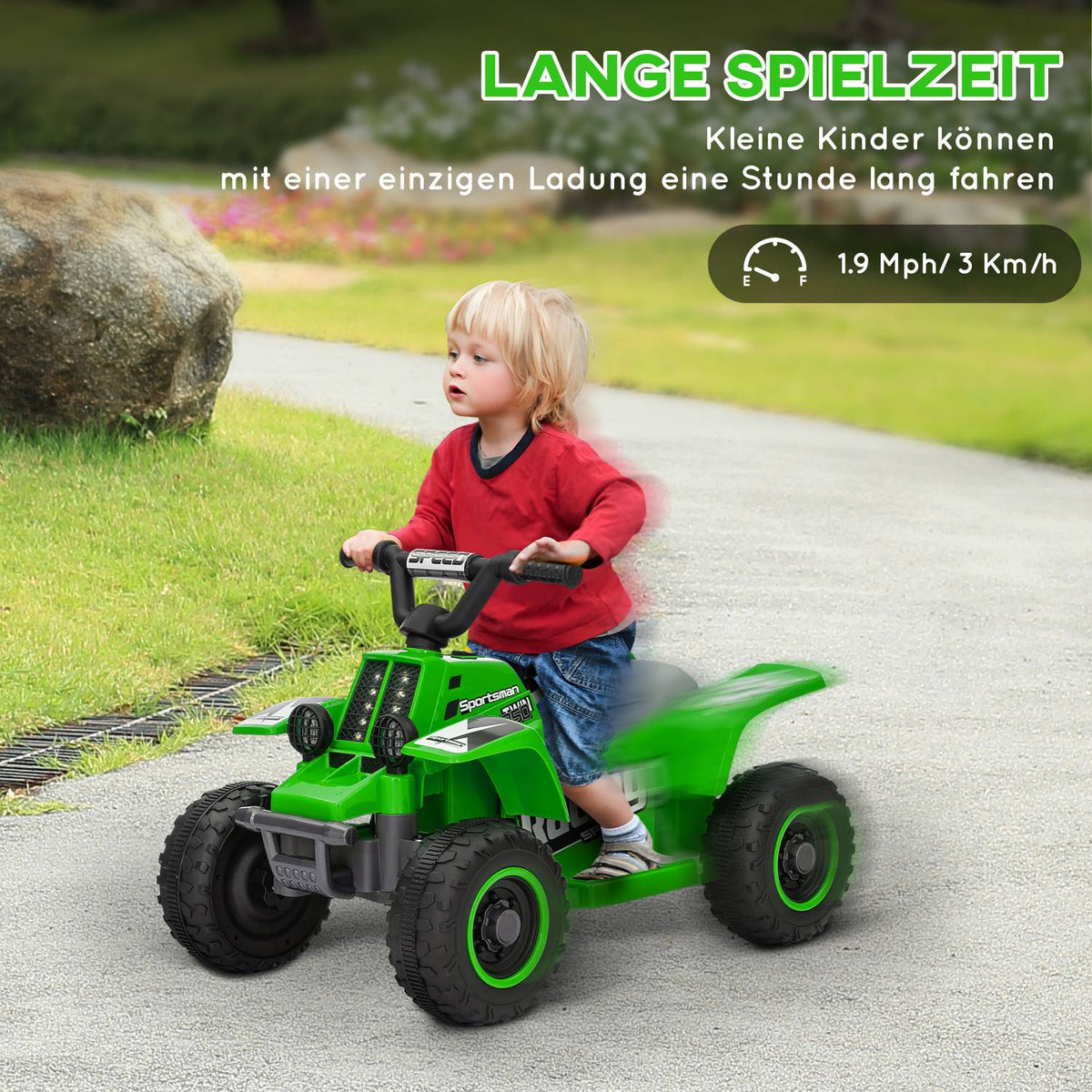 Children's electric quad electric children's quad with forward and reverse function, LED and horn electric car for 1.5-3 years children 3 km/h metal green
