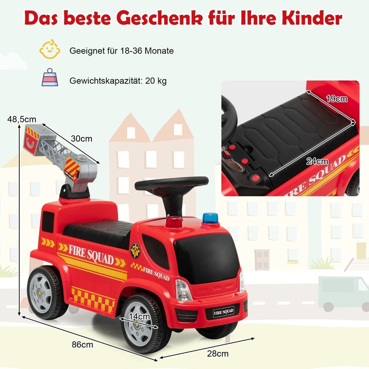 Children's fire engine with bubble gun & ladder for children aged 18-36 months red