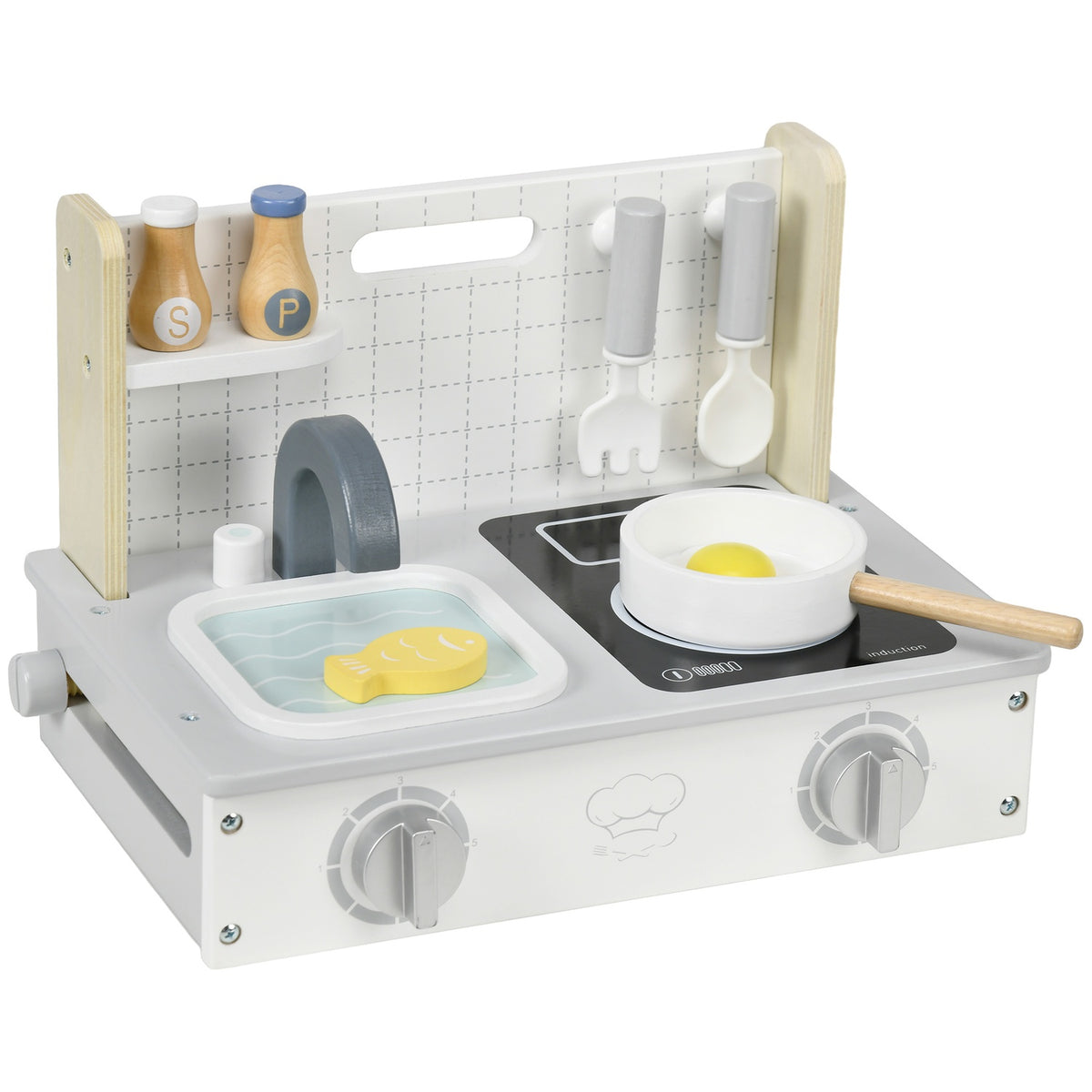 Children's kitchen accessories, 10 pieces play kitchen accessories with food, cookware, food cooking set for 3-5 years children, gray