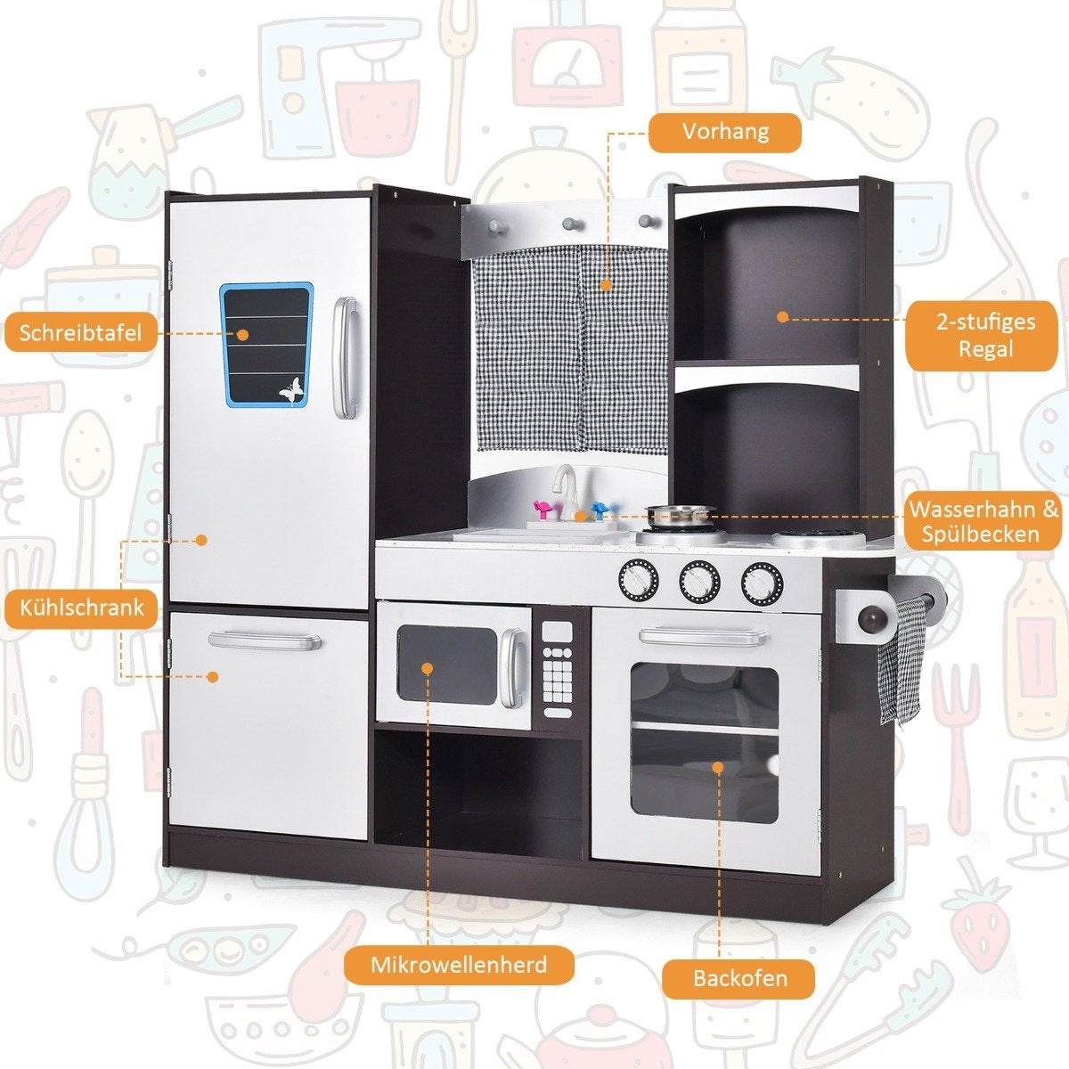 Children's kitchen made of wood, children's play kitchen with refrigerator and lots of storage space, 97 x 30 x 95 cm, brown