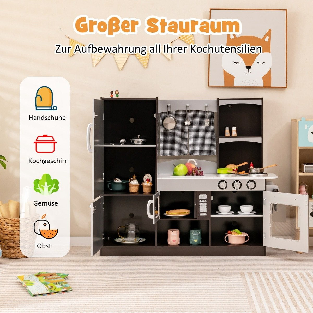 Children's kitchen made of wood, children's play kitchen with refrigerator and lots of storage space, 97 x 30 x 95 cm, brown