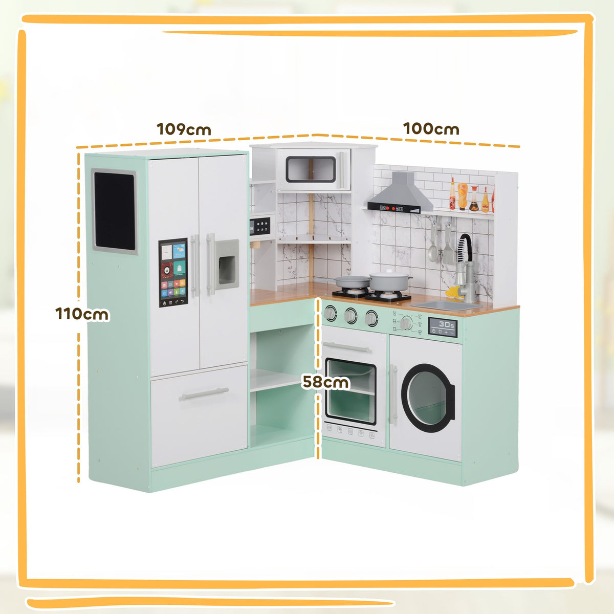 Children's kitchen, play kitchen with blackboard, extractor hood, ice maker, microwave, oven, refrigerator, realistic light and sound effects, kitchen utensils, from 3 years