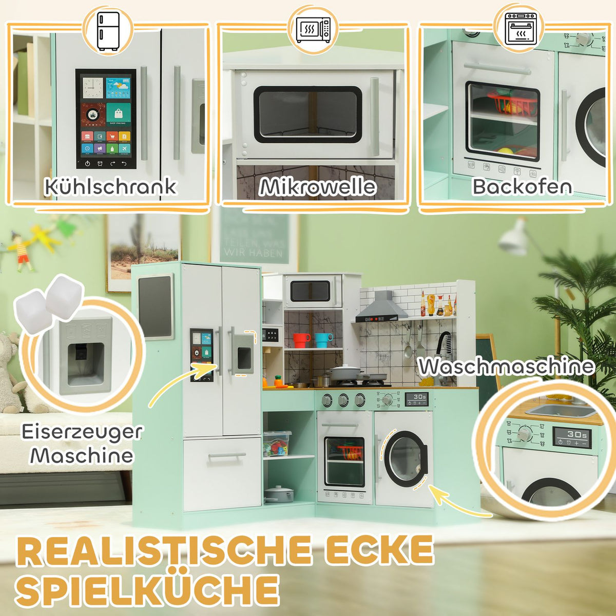 Children's kitchen, play kitchen with blackboard, extractor hood, ice maker, microwave, oven, refrigerator, realistic light and sound effects, kitchen utensils, from 3 years