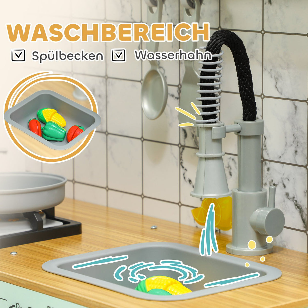 Children's kitchen, play kitchen with blackboard, extractor hood, ice maker, microwave, oven, refrigerator, realistic light and sound effects, kitchen utensils, from 3 years