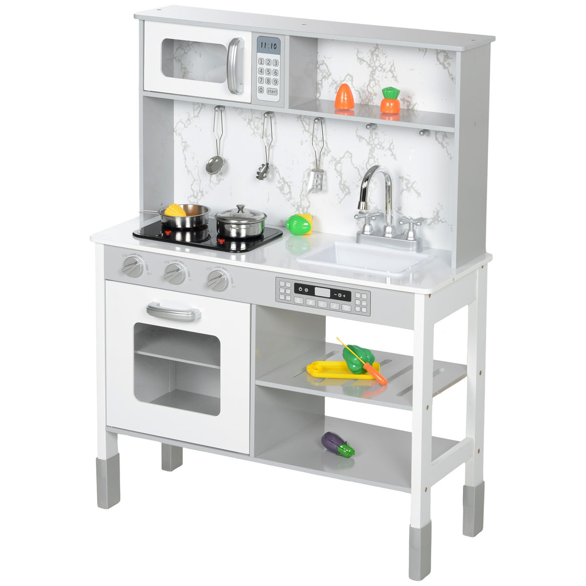 Children's kitchen play kitchen with electric stove, microwave, sink and tap, height-adjustable doll's kitchen with cookware set, role play kitchen accessories for 3-8 years children, white