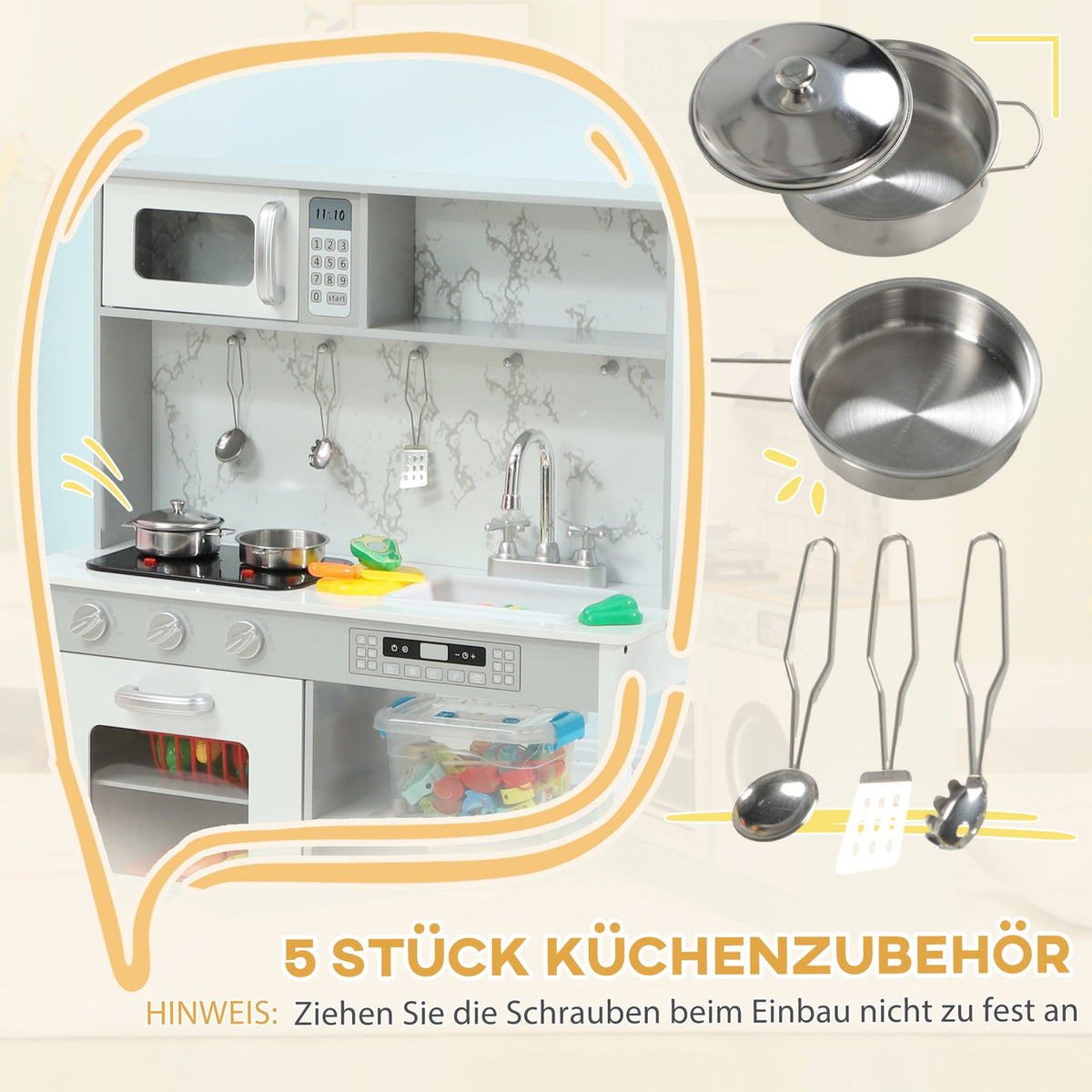 Children's kitchen play kitchen with electric stove, microwave, sink and tap, height-adjustable doll's kitchen with cookware set, role play kitchen accessories for 3-8 years children, white