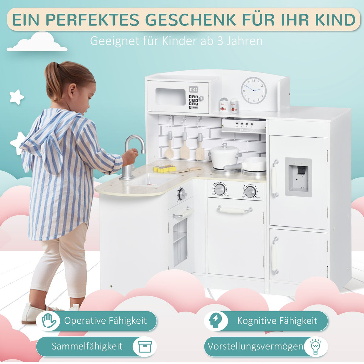 Children's kitchen play kitchen with electronic water dispenser, microwave and refrigerator, doll's kitchen with oven, cookware set, kitchen accessories for children aged 3 and over, white