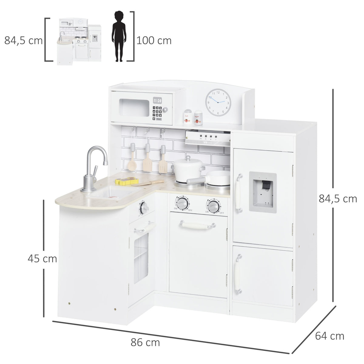 Children's kitchen play kitchen with electronic water dispenser, microwave and refrigerator, doll's kitchen with oven, cookware set, kitchen accessories for children aged 3 and over, white