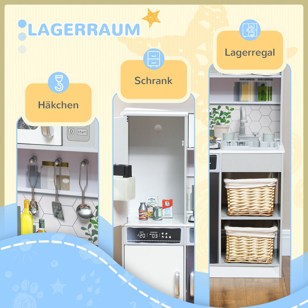 Children's kitchen play kitchen with lights and sounds cooking stove, running water, coffee maker, refrigerator, microwave, ice maker, kitchen accessories for 3-8 years children, white