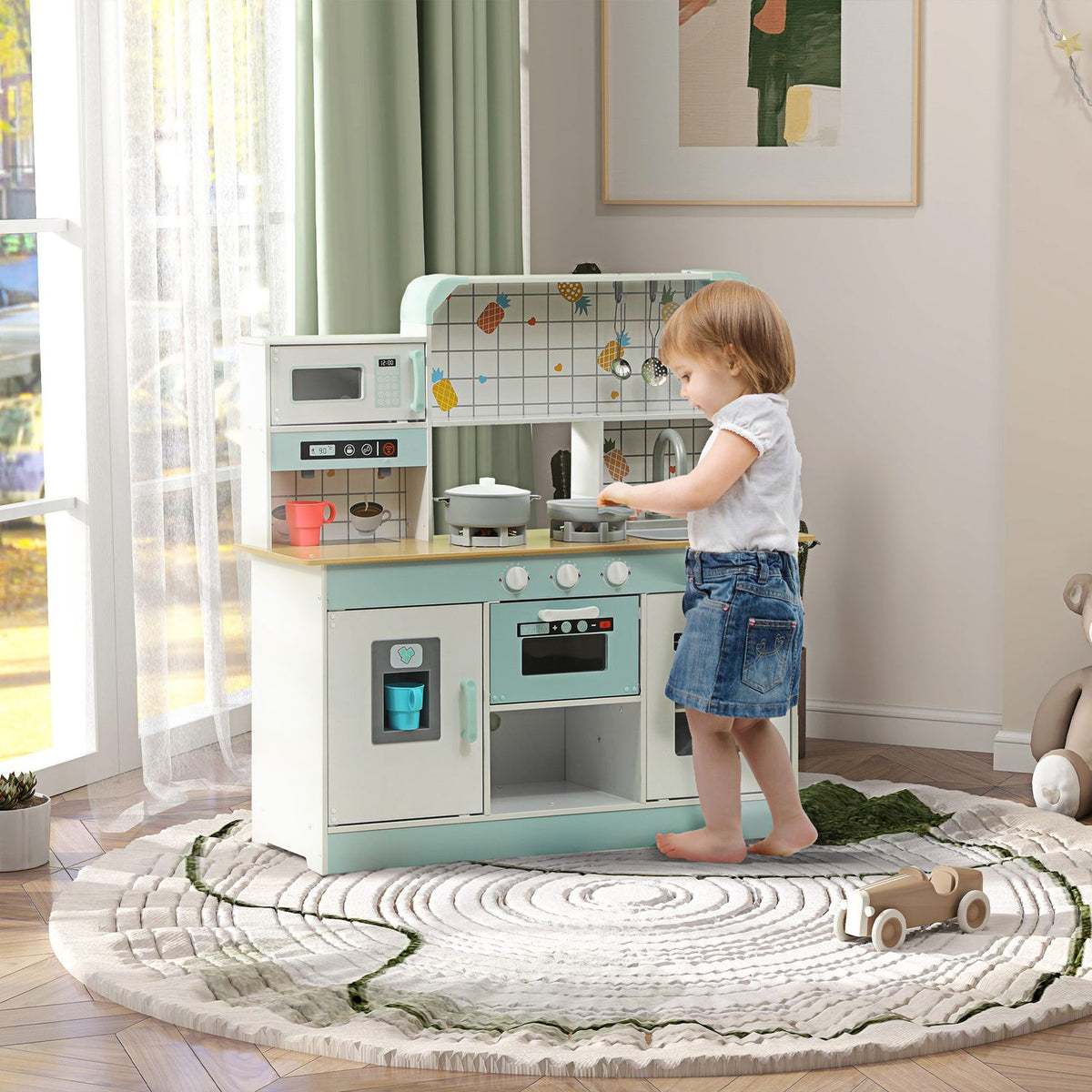 Children's kitchen play kitchen with lights, sounds, coffee maker, ice maker, microwave, oven, kitchen accessories, doll kitchen for 3+ years children, white