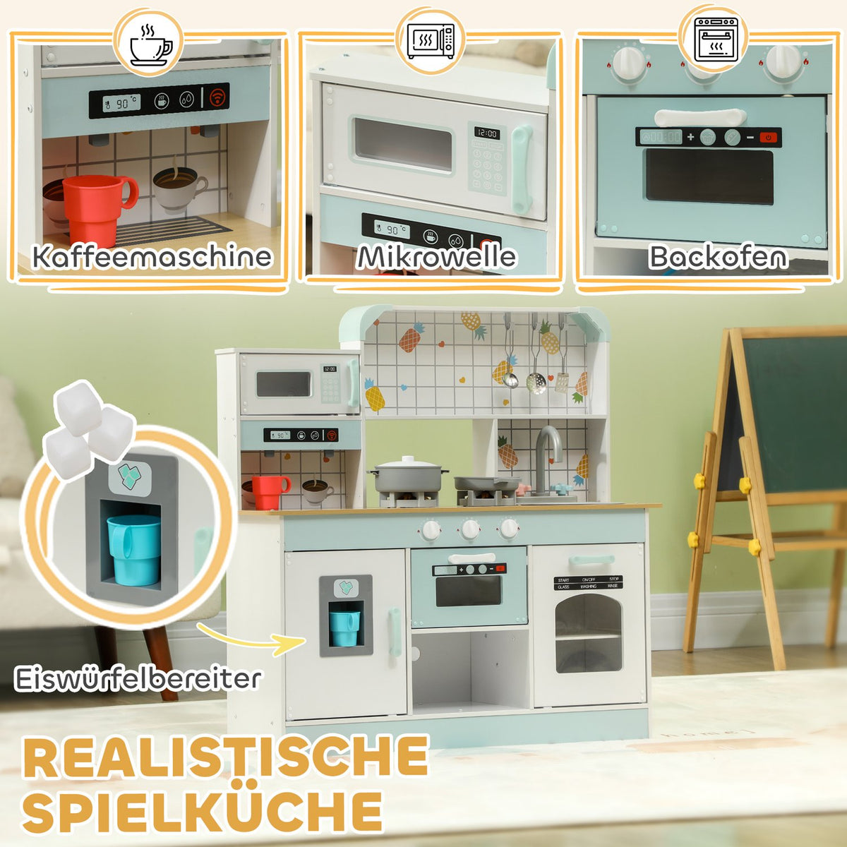 Children's kitchen play kitchen with lights, sounds, coffee maker, ice maker, microwave, oven, kitchen accessories, doll kitchen for 3+ years children, white