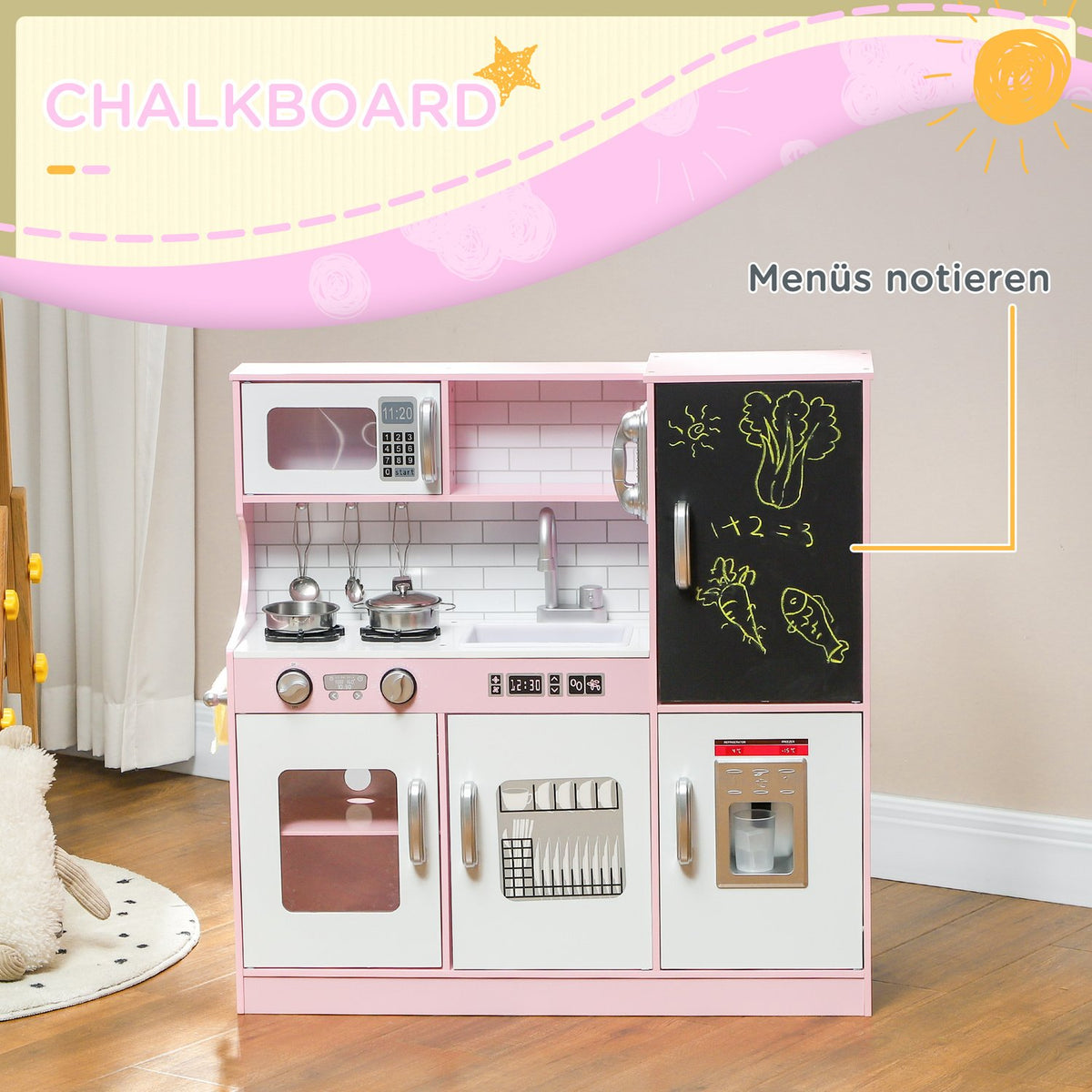 Children's kitchen play kitchen with toy telephone, chalkboard, microwave, stove, sink, doll kitchen with kitchen accessories, ice cube machine for 3-8 years children, pink