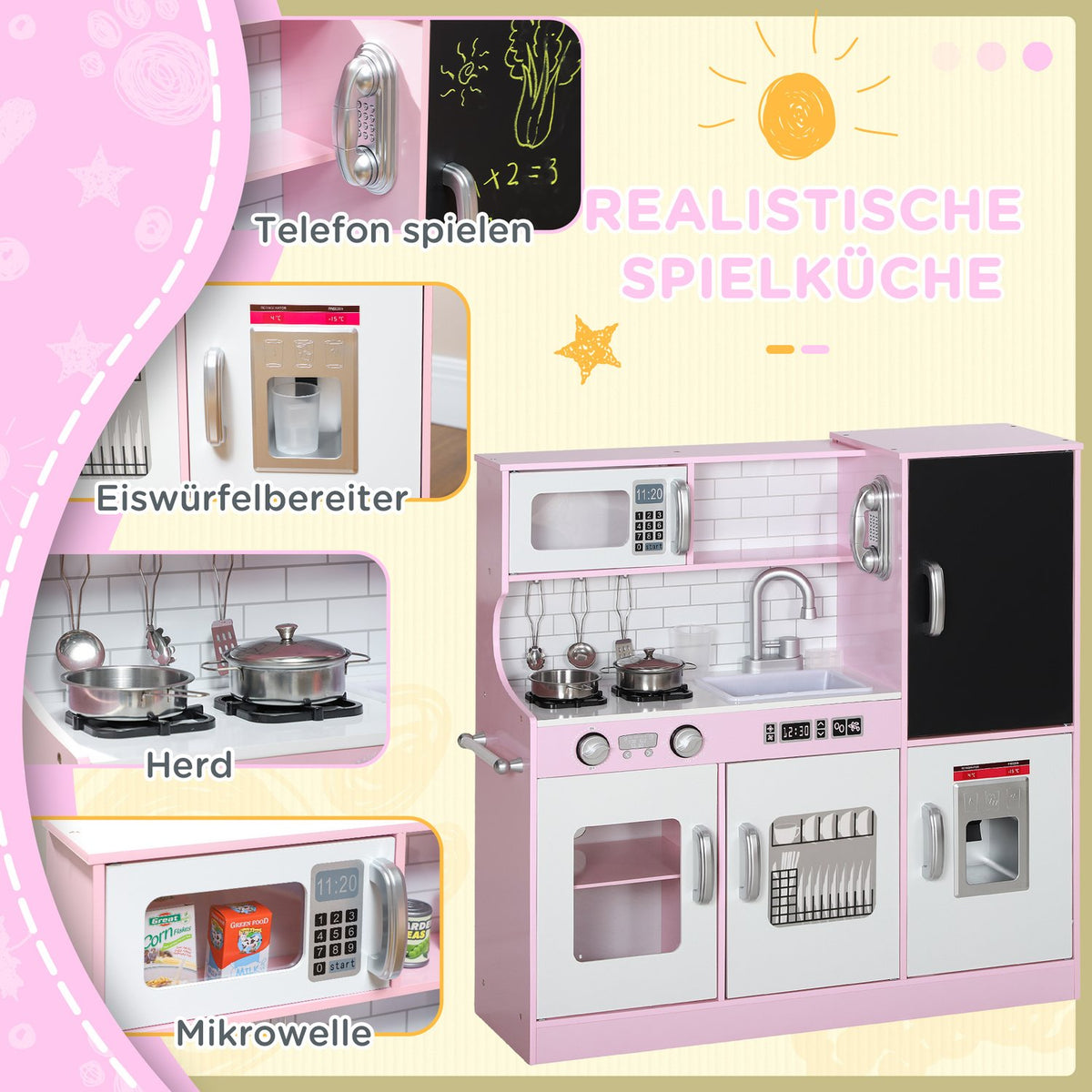 Children's kitchen play kitchen with toy telephone, chalkboard, microwave, stove, sink, doll kitchen with kitchen accessories, ice cube machine for 3-8 years children, pink