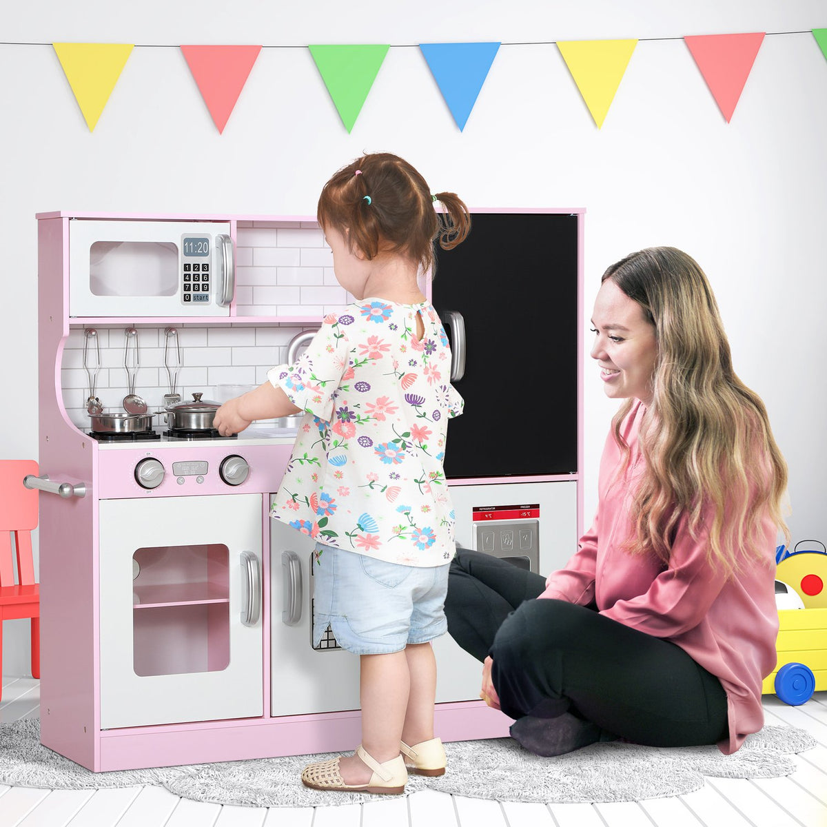 Children's kitchen play kitchen with toy telephone, chalkboard, microwave, stove, sink, doll kitchen with kitchen accessories, ice cube machine for 3-8 years children, pink