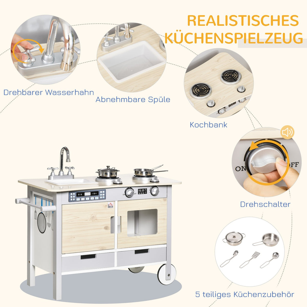 Children's kitchen with wheels play kitchen kitchen trolley 70x40x66.5cm with 2 pots sink cooking bench cupboards and 5 kitchen accessories made of natural wood and gray