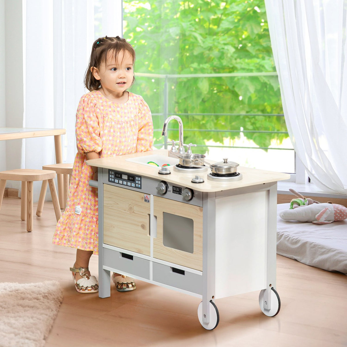 Children's kitchen with wheels play kitchen kitchen trolley 70x40x66.5cm with 2 pots sink cooking bench cupboards and 5 kitchen accessories made of natural wood and gray