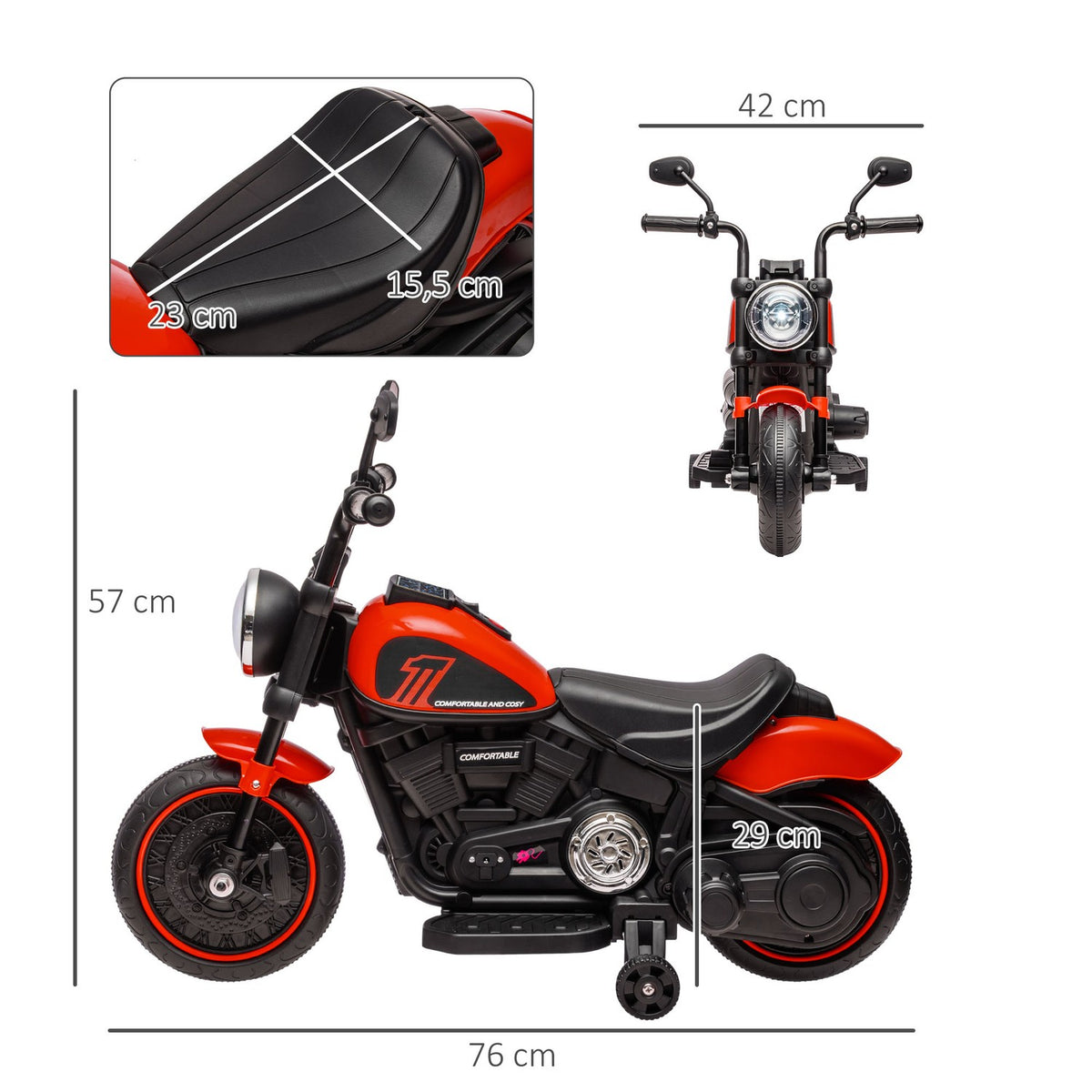 Children's motorcycle children's electric motorcycle electric vehicle children's vehicle with 2 removable support wheels, 3 km/h, for 1.5-3 years, red