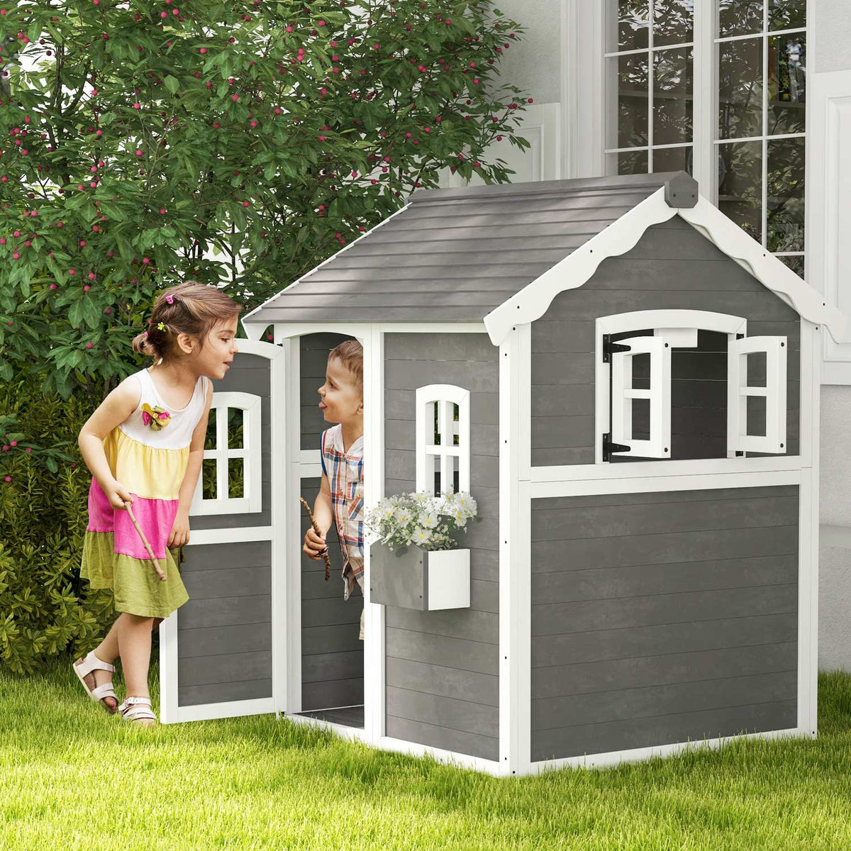 Children's playhouse made of wood, outdoor playhouse with door, window and plant box, children's house, garden house for children 3-8 years