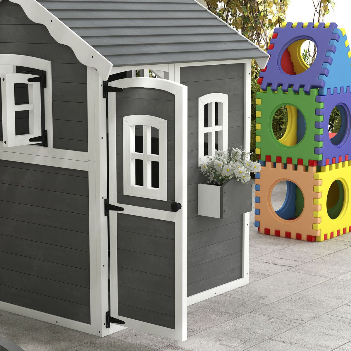 Children's playhouse made of wood, outdoor playhouse with door, window and plant box, children's house, garden house for children 3-8 years